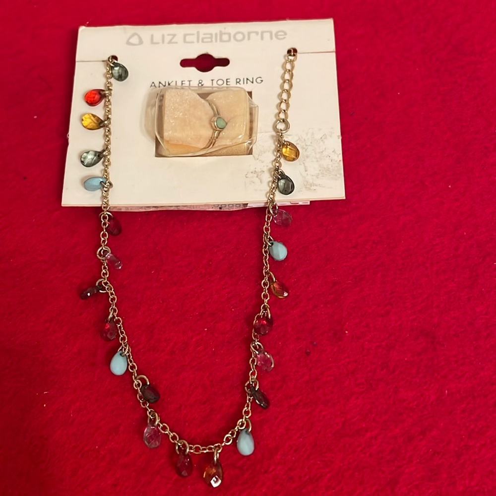 Liz Claiborne Anklet & Toe Ring Set- Multi-colored Rhinestones & Gold Chain